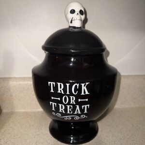 Black Trick or Treat Jar with Skull Lid